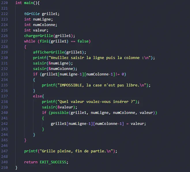 Code C du programme de Sudoku.