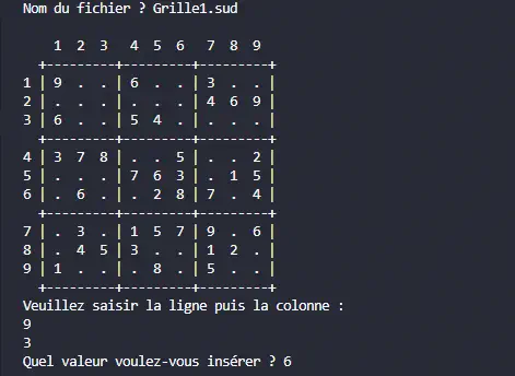 Console du programme de Sudoku en C.